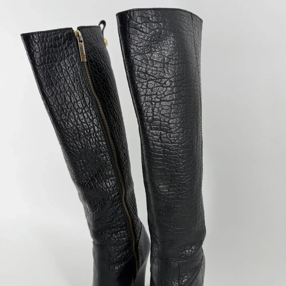 Tory Burch Dabney Knee High Wedge Boots Women’s 7.5 Black Pebbled Leather Zip Up